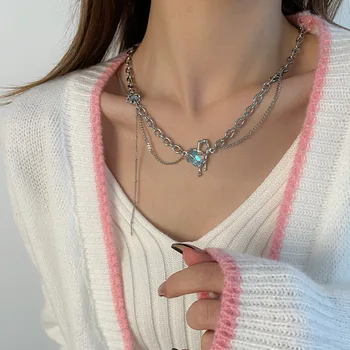 Ожерелье для девушки с лунным камнем голубой лавы Love, легкая роскошная двухслойная цепочка на ключицу в стиле хип-хоп высокого класса