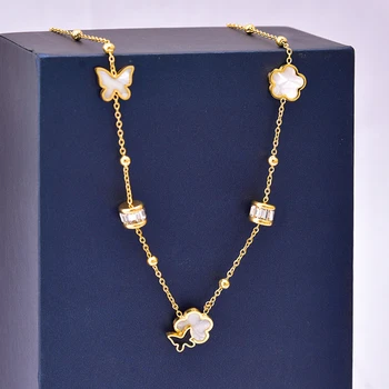 Ожерелье с бабочкой и пятью ножками в виде цветка для женщин, Белая раковина, Позолоченное Роскошное Очаровательное Брендовое ожерелье-цепочка, вечерние украшения Z355