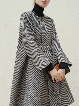 Осенне-зимнее черно-белое шерстяное пальто с зигзагообразным рисунком, женские пояса, Трапециевидные, Свободные, Элегантные, стильные, для подиума, Корейская мода 2023