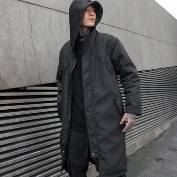 Осенне-зимние мужские черные теплые длинные куртки и пальто, плащ с капюшоном, мужской винтажный уличный тренч в стиле хип-хоп с хлопковой подкладкой