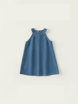 Платье для девочек 2023, Летняя Новая Простая хлопковая Джинсовая юбка с синим ремешком, Желтый цветок, круглый вырез, Микроэластичная майка, Юбка для малышей