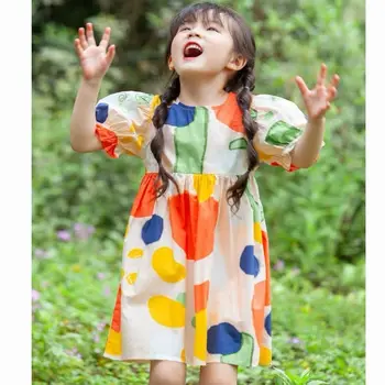 Платье принцессы для девочек 2023, летняя детская одежда с пузырчатыми рукавами, цельнокроеное платье в стиле ретро для девочек, платье с цветочным рисунком