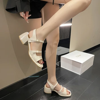 Повседневная обувь Римские сандалии на толстом высоком каблуке, однотонные летние босоножки, женская обувь, женская обувь с открытым квадратным носком, большие размеры