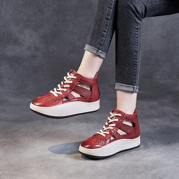 Повседневная обувь с отверстиями на толстой подошве, женская летняя винтажная римская обувь из натуральной кожи, Дышащие красные босоножки с высоким берцем