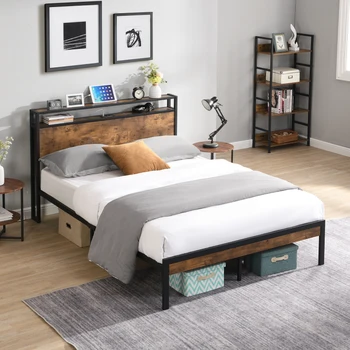 Полноразмерный металлический каркас кровати-платформы с деревянным изголовьем и изножьем с USB, большое хранилище под кроватью
