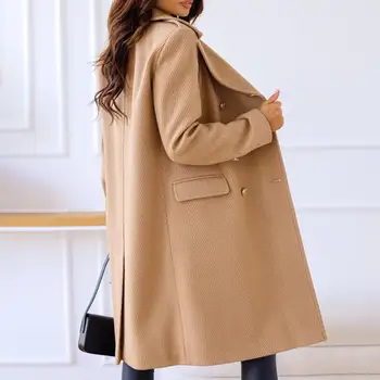 Популярное шерстяное пальто из мягкого полиэстера, женское пальто с двубортной планкой и лацканами, шерстяное пальто