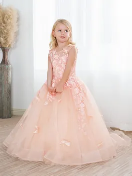 Реальное фото Тюлевое платье принцессы с цветочным узором для девочек, бальное платье без рукавов с цветочными аппликациями, праздничное платье для девочек