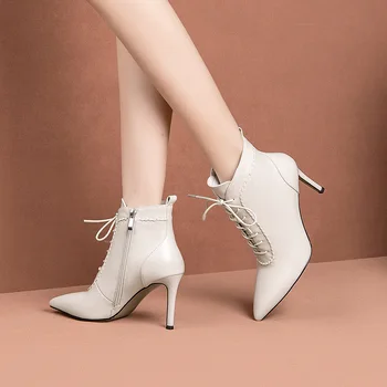 Рекомендованный бутиком 2021 осенне-зимние новые женские ботинки с острым носком, кружевные туфли на шпильке, модные женские короткие ботинки на молнии
