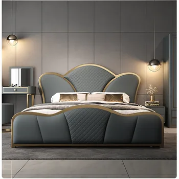Роскошная кожаная кровать, постмодернистская двуспальная кровать, простая главная спальня высокого класса, итальянская мягкая кровать, главная кровать