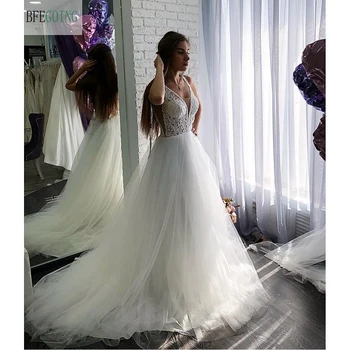Свадебные платья трапециевидной формы с белыми кружевными аппликациями, шлейф для часовни, Сшитые на заказ Свадебные платья без рукавов длиной до пола