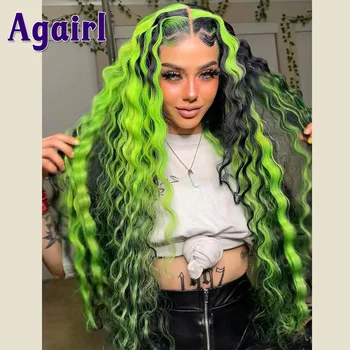 Светло-зеленый парик с подсветкой из человеческих волос 13X6 13X4, свободные парики с глубокими волнами на кружеве для женщин, Перуанские Кудрявые парики с полным кружевом спереди