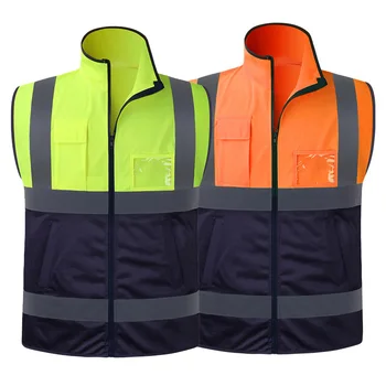 Светоотражающий жилет безопасности с высокой видимостью и передней застежкой-молнией, жилет для спецодежды Hi Vis с множеством карманов, Двухцветная строительная рабочая одежда