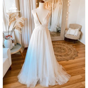 Сексуальное пляжное свадебное платье с V-образным вырезом и кружевами 2023 года на бретельках, без спинки, Трапециевидные свадебные платья обнаженной принцессы Vestido De Noiva