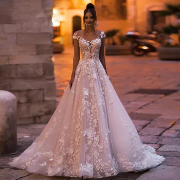 Сексуальное свадебное платье принцессы с открытой спиной 2023, кружевные аппликации с короткими рукавами, шлейф, винтажные свадебные платья трапециевидной формы