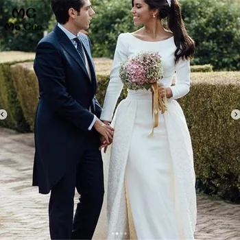 Сексуальные простые свадебные платья-футляры в саду, свадебное платье с круглым вырезом и длинными рукавами на пуговицах, женское свадебное платье со съемным шлейфом