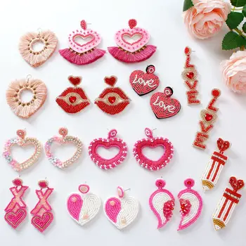 Серьги-капли ручной работы с розовым сердечком для женщин, большие богемные серьги из бисера, бохо, модные украшения, подарки, подарок на День Святого Валентина