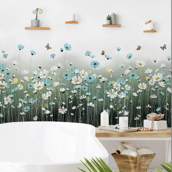 Сине-белая маргаритка Красивые цветы Красочная бабочка Наклейка на стену Гостиная Детская комната Фоновое украшение Декор Плакат
