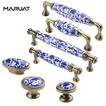 Сине-белая Фарфоровая Керамическая ручка Китайский шкаф для одежды, ящик для обуви, Круглая Дверная ручка с одним отверстием