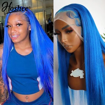 Синие парики из человеческих волос, Синие прямые парики на шнурке 13х4, предварительно выщипанные из волос младенца, Бразильские парики на шнурке Remy Glueless HD.