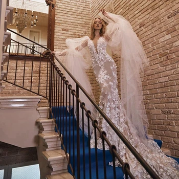 Сказочное свадебное платье Русалки из тюля с 3D цветами и длинными расклешенными рукавами, сексуальные свадебные платья в горошек с открытой спиной, на молнии сзади