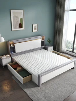 Скандинавская кровать из массива дерева, белая современная простая двуспальная кровать размера queen-size 200 × 220, светлая роскошная двуспальная кровать для хранения в главной спальне, свадебная кровать для свадьбы