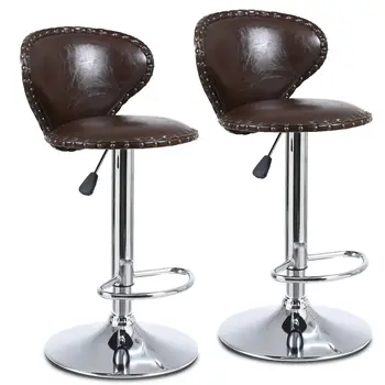 Современный набор из 2 Барных стульев со спинкой для обеденной стойки, стулья из искусственной кожи, Поворотный стул с регулировкой высоты на 360 °, Коричневый [На складе в США]