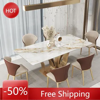 Столовая роскошной виллы в форме лебедя, прямоугольный островной стол 1,8 м и набор из 6 стульев, золотистая мебель из мрамора креативного дизайна