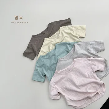 Тонкая детская футболка, новинка лета 2023, модная хлопковая футболка с коротким рукавом для мальчиков и девочек в корейском стиле, простая повседневная мягкая футболка