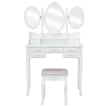 Туалетный столик Комод из МДФ с 3 Складными Овальными Зеркалами, 7 Выдвижными ящиками, 1 Табурет белого цвета, легко устанавливается [США-Stock]