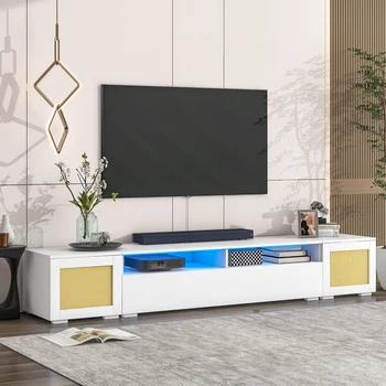 Удлиненный телевизионный консольный столик на 3 фотографии для телевизоров до 90 дюймов, Современная подставка для телевизора со светодиодной подсветкой, меняющей цвет, для домашнего кинотеатра, Белый
