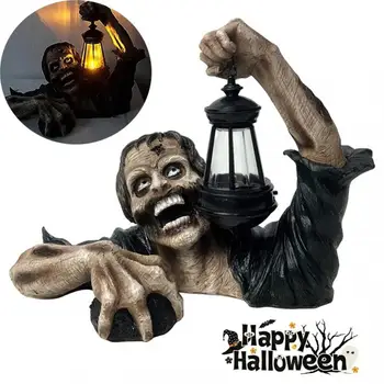 Фонарь зомби на Хэллоуин, креативное светодиодное украшение в стиле хоррор, статуя зомби во дворе, статуя зомби с фонарем на батарейках, украшение газона