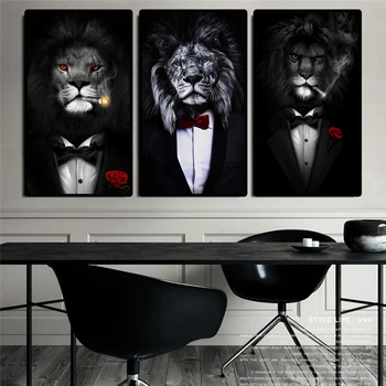 Черный дикий лев в костюме, плакаты и принты на холсте, Абстрактный Лев, курящий сигару, картины на холсте на стене, художественные картины