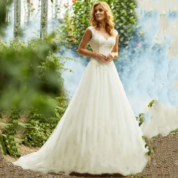 Элегантное свадебное платье 2020 Трапециевидной формы длиной до пола с овальным вырезом и кружевной аппликацией Свадебное платье для новобрачных